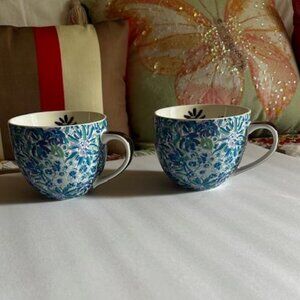 2 Lilly Pulitzer Ceramic Mugs12 oz | Blue-Green Floral Print Gold Handle